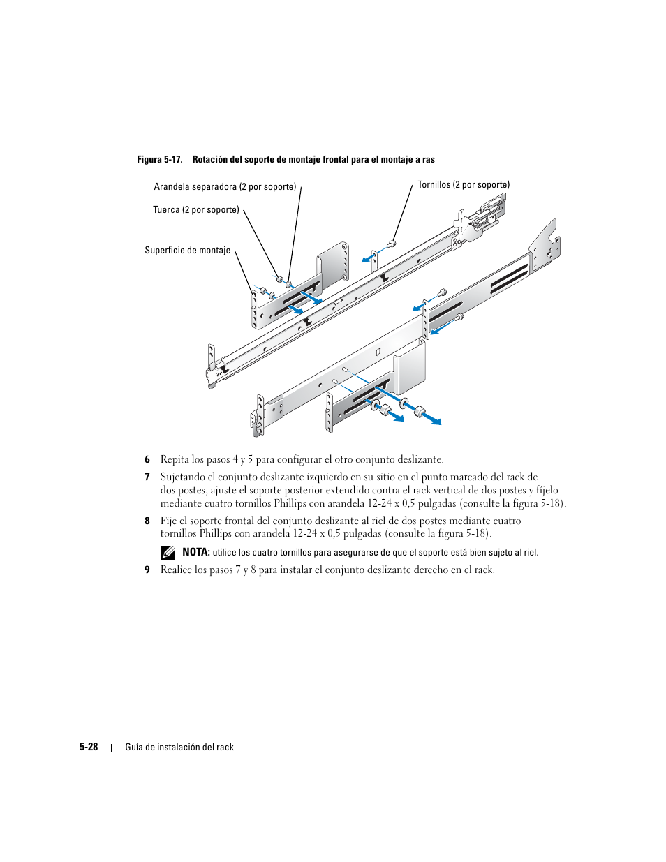 Figura 5-17, A arriba (consulte la figura 5-17), Cada soporte central (consulte la figura 5-17) | Quede hacia delante (consulte la figura 5-17), Figura 5-17) | Dell PowerEdge 2800 User Manual | Page 158 / 162