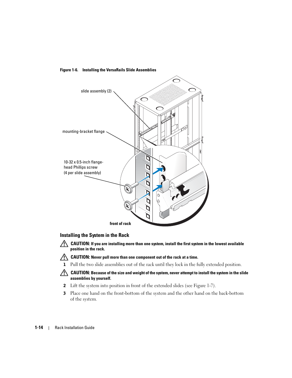 Installing the system in the rack, Figure 1-6, Installing the versarails slide assemblies | Dell PowerEdge 2800 User Manual | Page 16 / 162