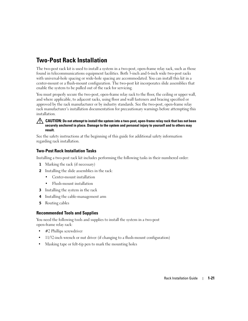 Two-post rack installation, Two-post rack installation tasks, Recommended tools and supplies | Dell PowerEdge 2800 User Manual | Page 23 / 162