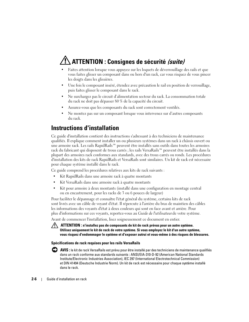 Instructions d'installation, Attention : consignes de sécurité (suite) | Dell PowerEdge 2800 User Manual | Page 40 / 162