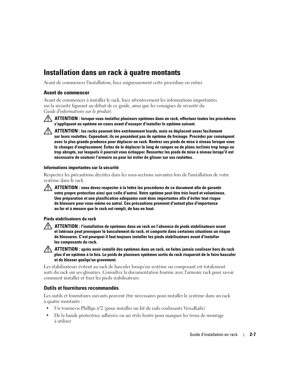 Installation dans un rack à quatre montants, Avant de commencer, Outils et fournitures recommandés | Dell PowerEdge 2800 User Manual | Page 41 / 162