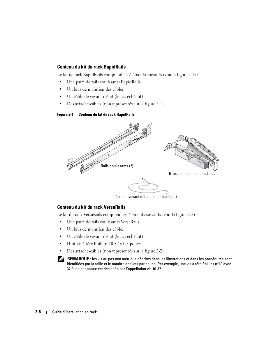 Contenu du kit du rack rapidrails, Contenu du kit du rack versarails, Figure 2-1 | Dell PowerEdge 2800 User Manual | Page 42 / 162