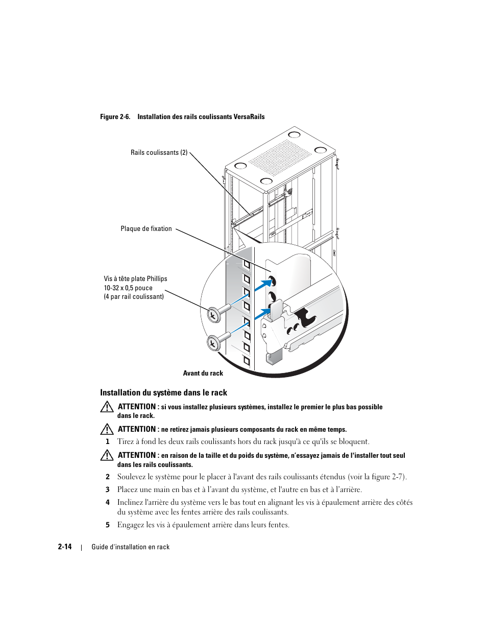 Installation du système dans le rack, Figure 2-6, Installation des rails coulissants versarails | Dell PowerEdge 2800 User Manual | Page 48 / 162