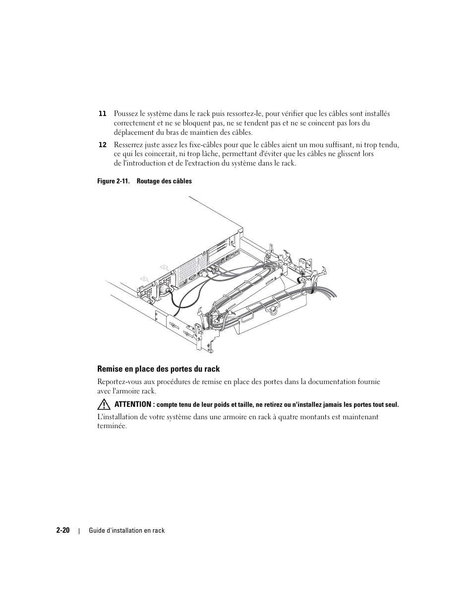 Remise en place des portes du rack, Figure 2-11, Routage des câbles | Dell PowerEdge 2800 User Manual | Page 54 / 162