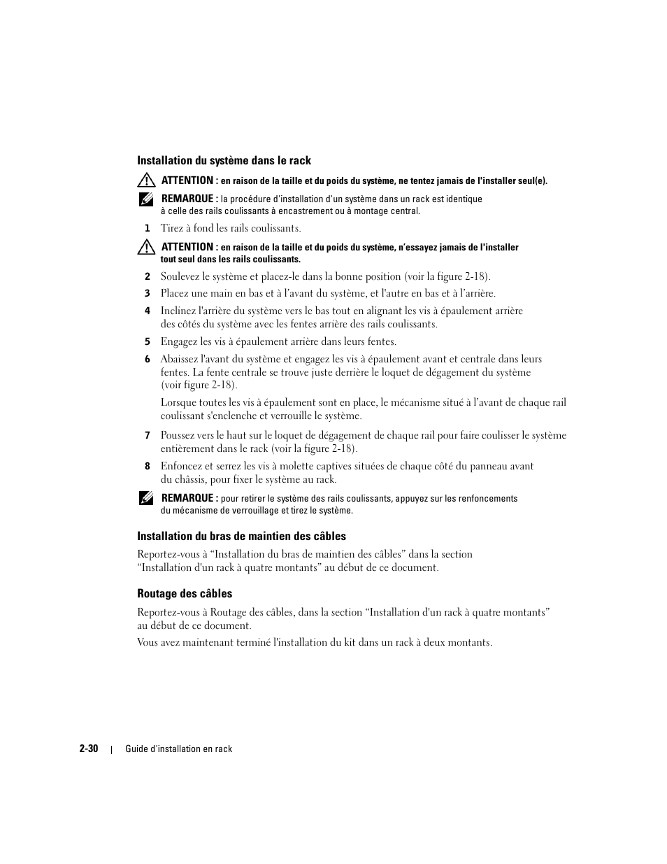 Installation du système dans le rack, Installation du bras de maintien des câbles, Routage des câbles | Dell PowerEdge 2800 User Manual | Page 64 / 162