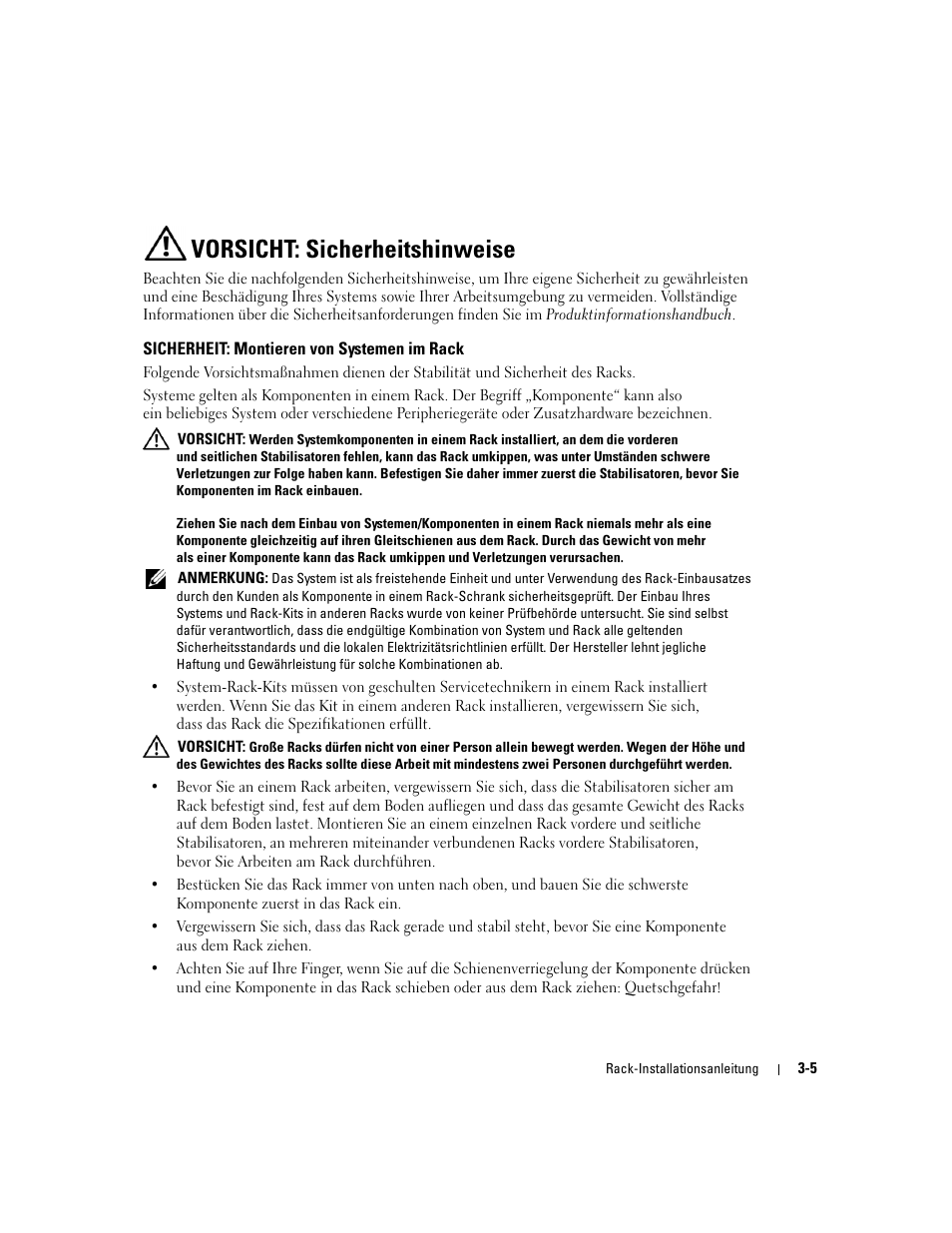 Vorsicht: sicherheitshinweise, Sicherheit: montieren von systemen im rack | Dell PowerEdge 2800 User Manual | Page 71 / 162