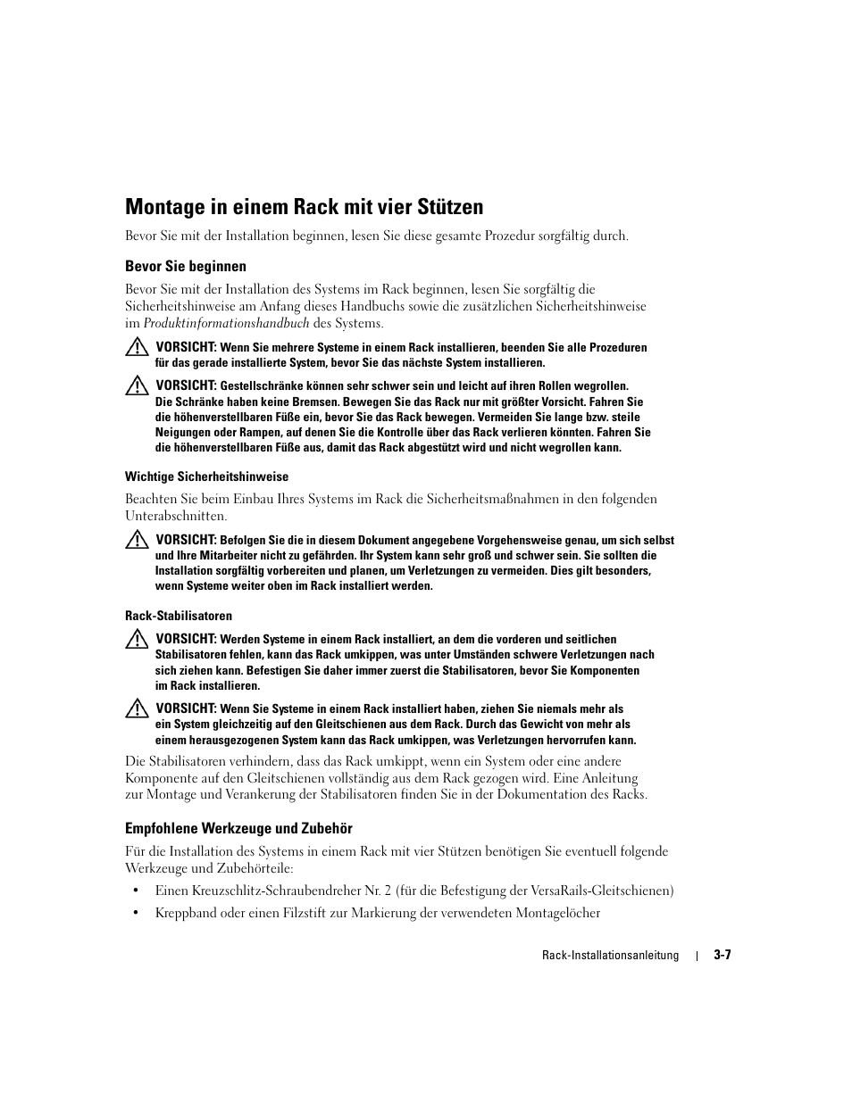 Montage in einem rack mit vier stützen, Bevor sie beginnen, Empfohlene werkzeuge und zubehör | Dell PowerEdge 2800 User Manual | Page 73 / 162