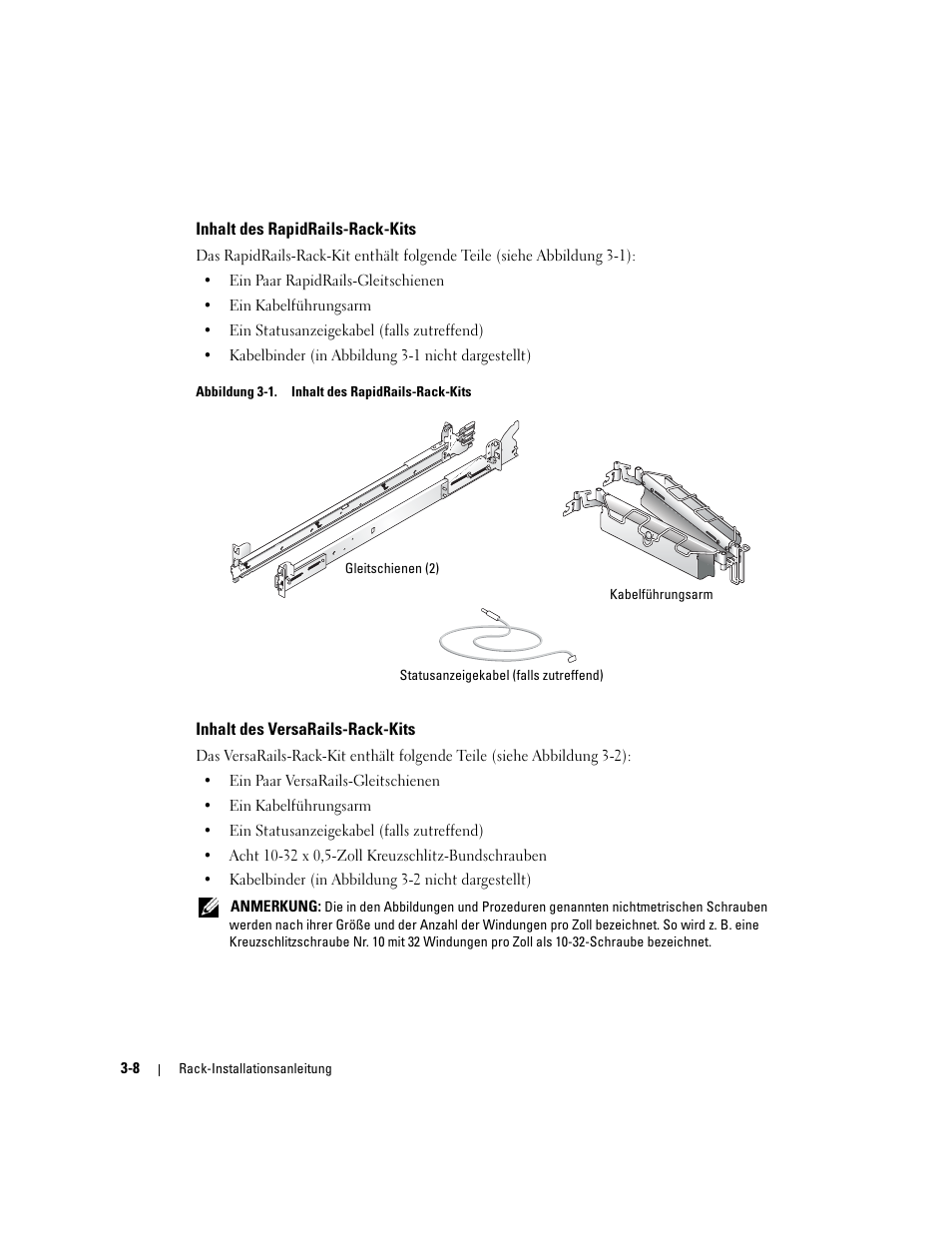 Inhalt des rapidrails-rack-kits, Inhalt des versarails-rack-kits, Abbildung 3-1 | Dell PowerEdge 2800 User Manual | Page 74 / 162