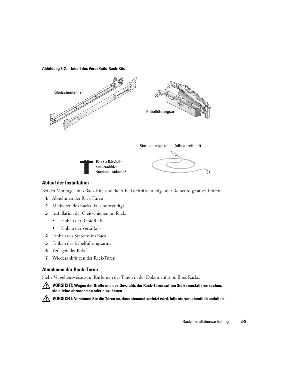 Ablauf der installation, Abnehmen der rack-türen, Abbildung 3-2 | Inhalt des versarails-rack-kits, Ile (siehe abbildung 3-2), Abelbinder (in abbildung 3-2 nicht dar | Dell PowerEdge 2800 User Manual | Page 75 / 162