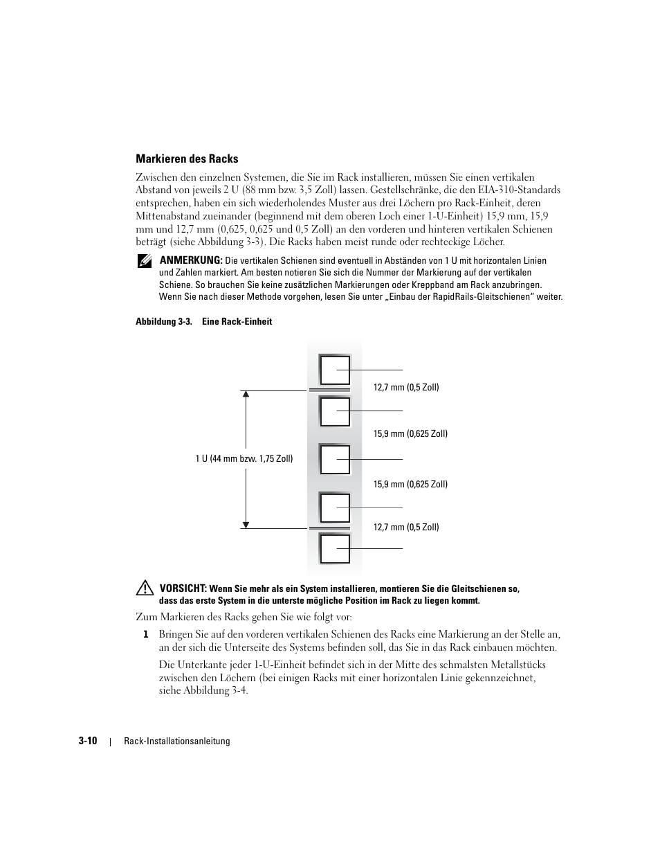 Markieren des racks, Abbildung 3-3, Eine rack-einheit | Dell PowerEdge 2800 User Manual | Page 76 / 162