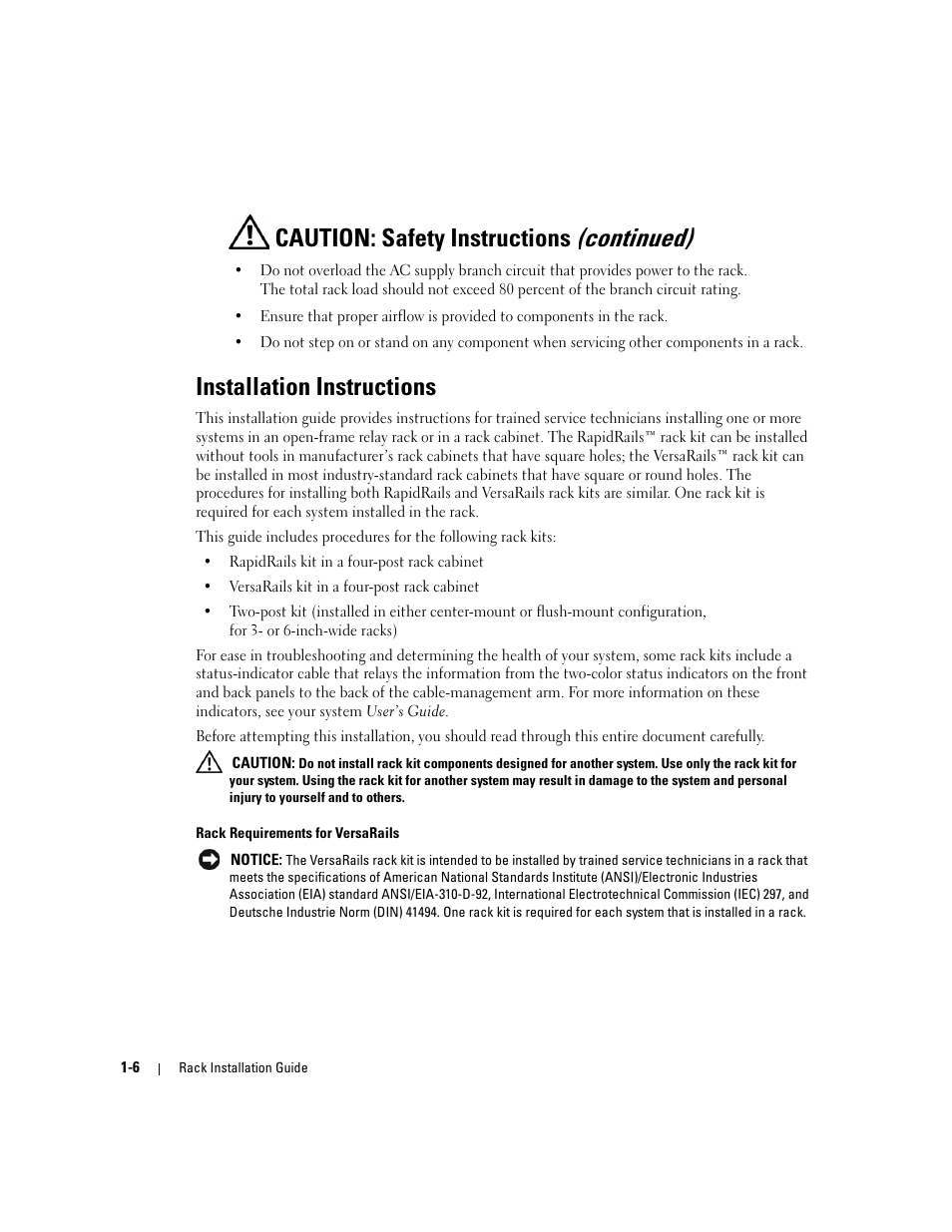 Installation instructions, Caution: safety instructions (continued) | Dell PowerEdge 2800 User Manual | Page 8 / 162