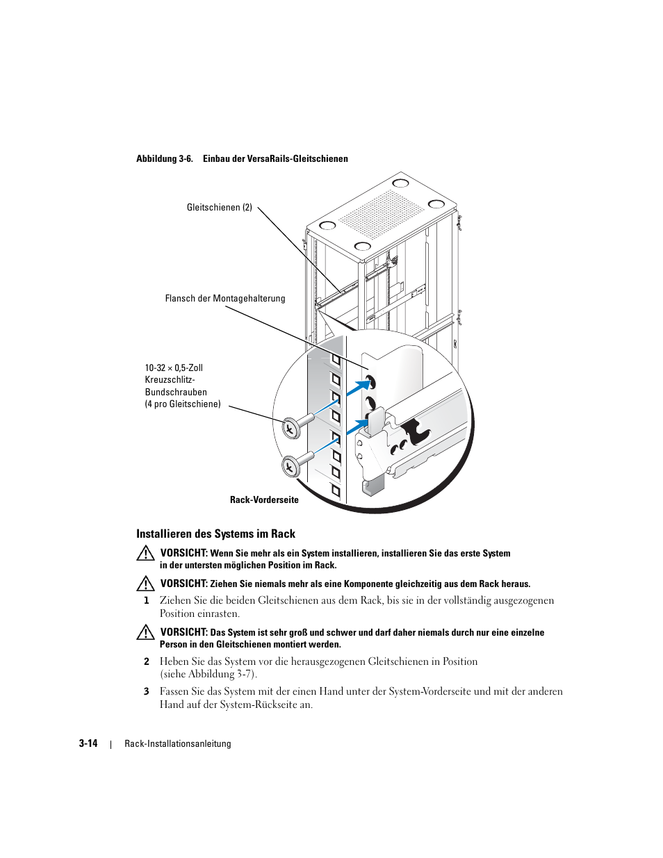 Installieren des systems im rack, Abbildung 3-6, Einbau der versarails-gleitschienen | Dell PowerEdge 2800 User Manual | Page 80 / 162