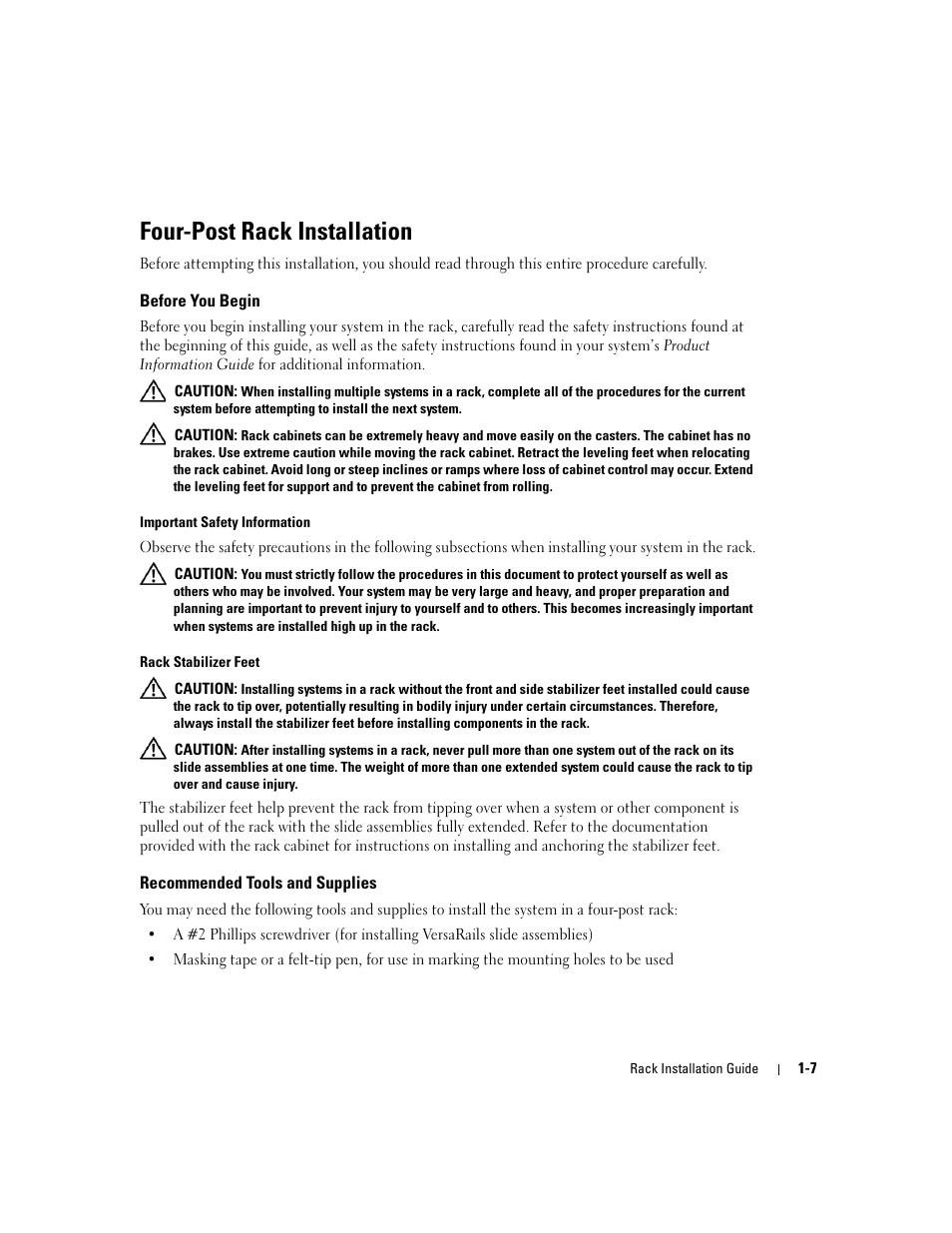 Four-post rack installation, Before you begin, Recommended tools and supplies | Dell PowerEdge 2800 User Manual | Page 9 / 162