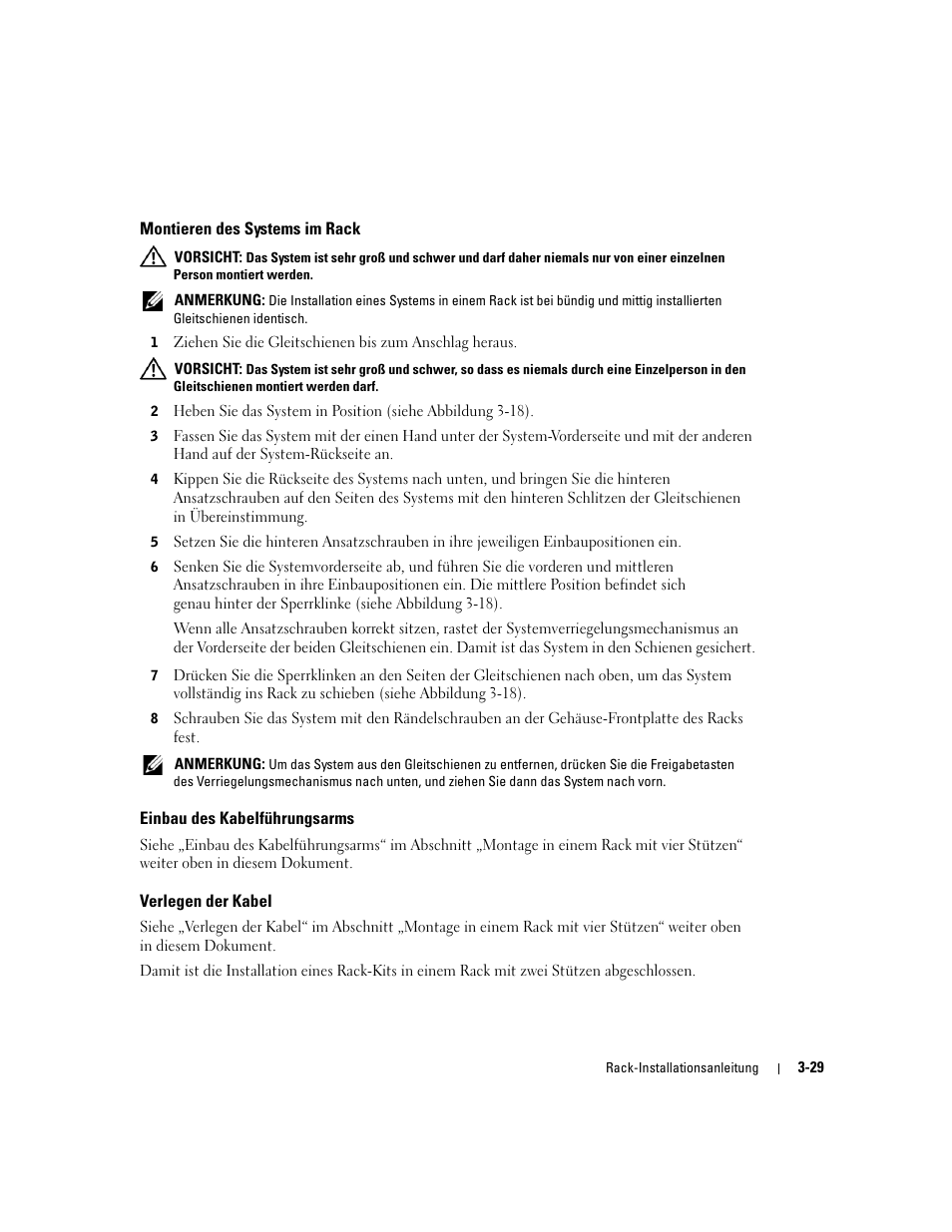 Montieren des systems im rack, Einbau des kabelführungsarms, Verlegen der kabel | Dell PowerEdge 2800 User Manual | Page 95 / 162