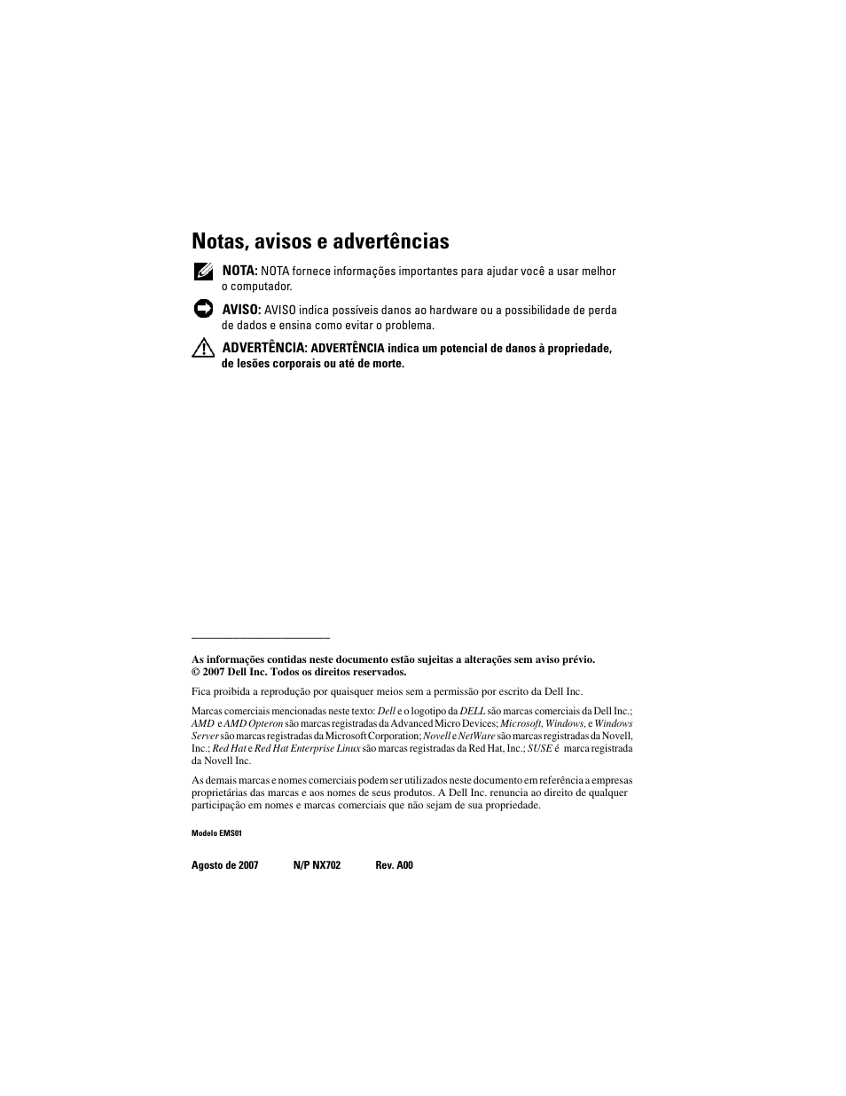 Notas, avisos e advertências | Dell POWEREDGE R805 User Manual | Page 34 / 60