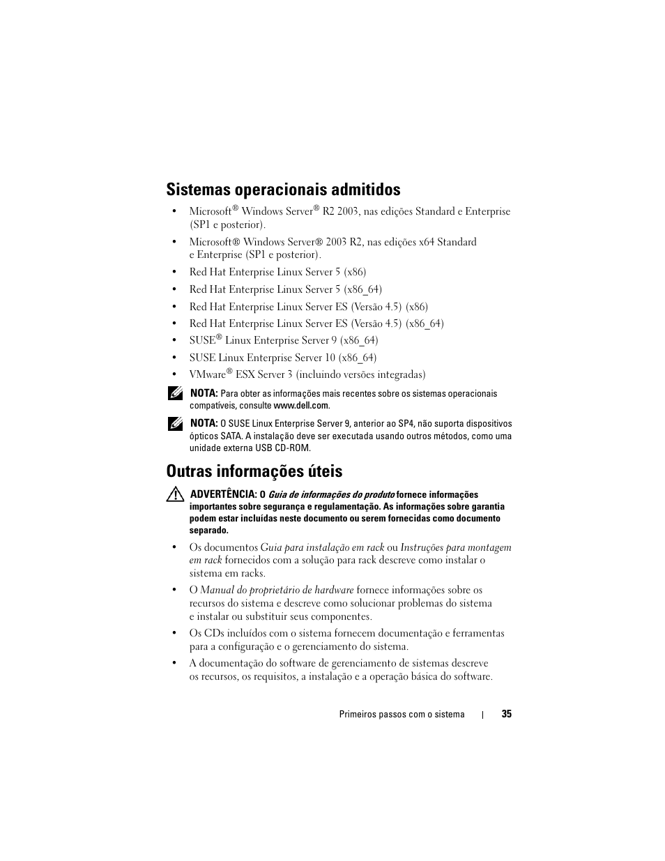 Sistemas operacionais admitidos, Outras informações úteis | Dell POWEREDGE R805 User Manual | Page 37 / 60