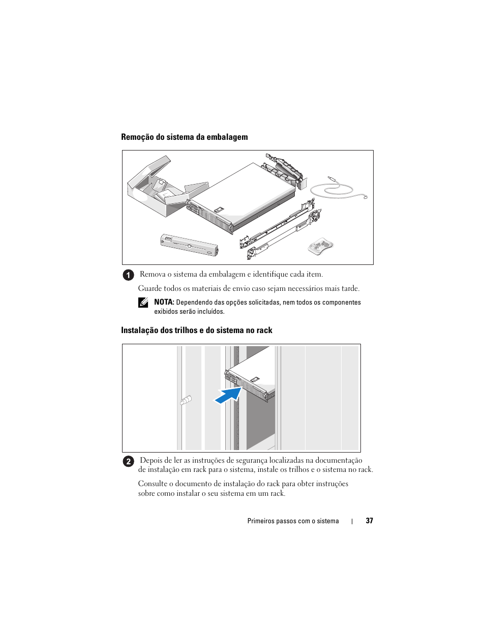 Remoção do sistema da embalagem, Instalação dos trilhos e do sistema no rack | Dell POWEREDGE R805 User Manual | Page 39 / 60