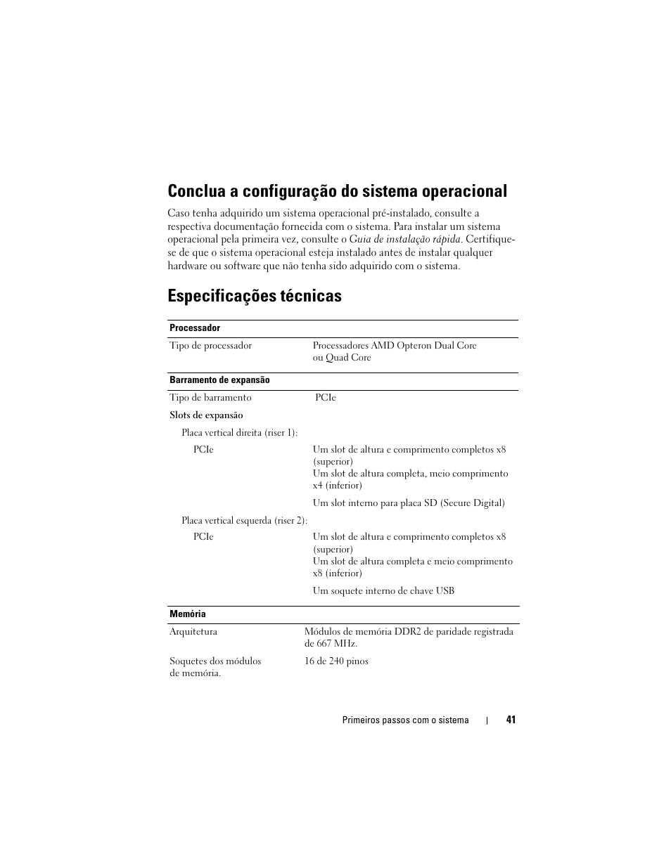 Conclua a configuração do sistema operacional, Especificações técnicas | Dell POWEREDGE R805 User Manual | Page 43 / 60