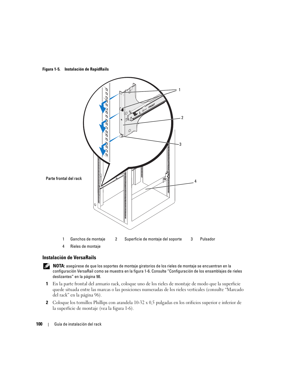 Instalación de versarails, Se muestra en la figura 1-5, Vertical (vea la figura 1-5) | Dell PowerEdge 2900 User Manual | Page 102 / 110