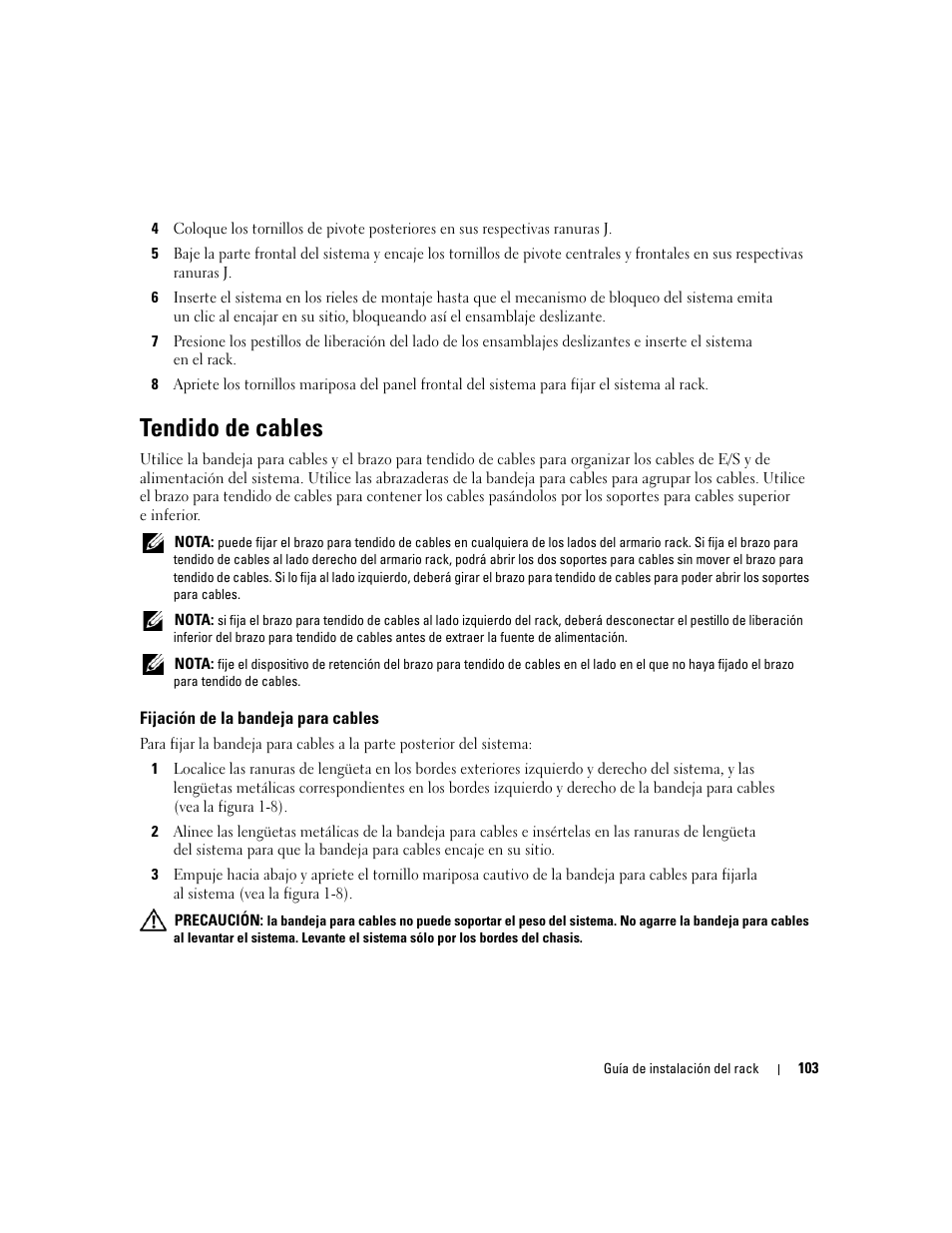 Tendido de cables, Fijación de la bandeja para cables | Dell PowerEdge 2900 User Manual | Page 105 / 110