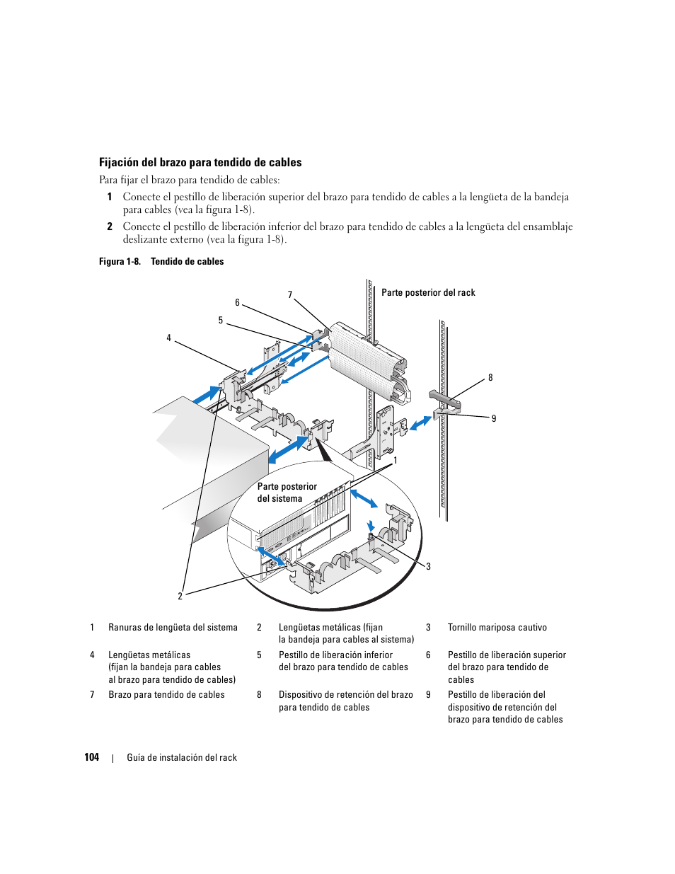 Fijación del brazo para tendido de cables | Dell PowerEdge 2900 User Manual | Page 106 / 110