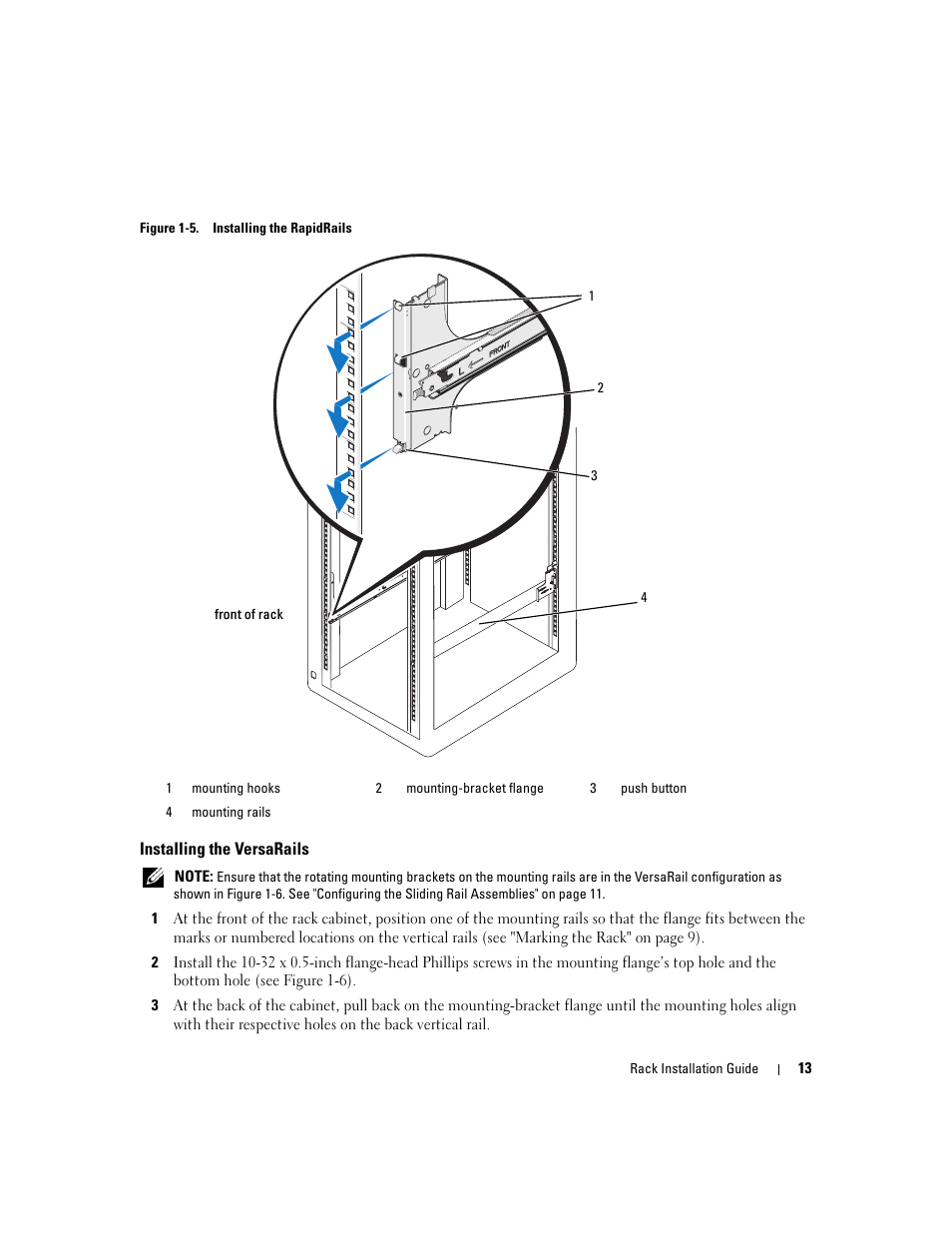 Installing the versarails, Shown in figure 1-5, Hole on the vertical rail (see figure 1-5) | Vertical rail (see figure 1-5) | Dell PowerEdge 2900 User Manual | Page 15 / 110