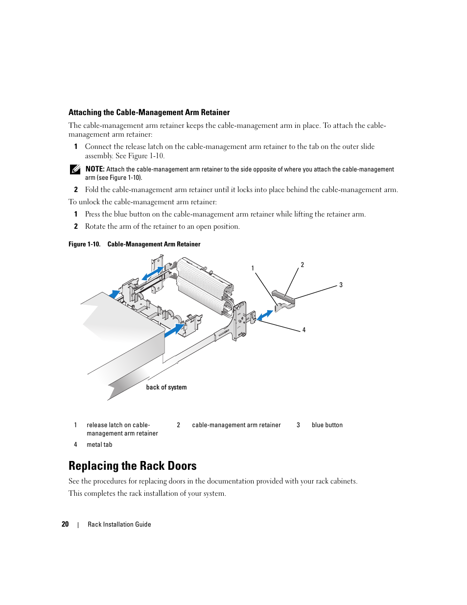 Attaching the cable-management arm retainer, Replacing the rack doors | Dell PowerEdge 2900 User Manual | Page 22 / 110
