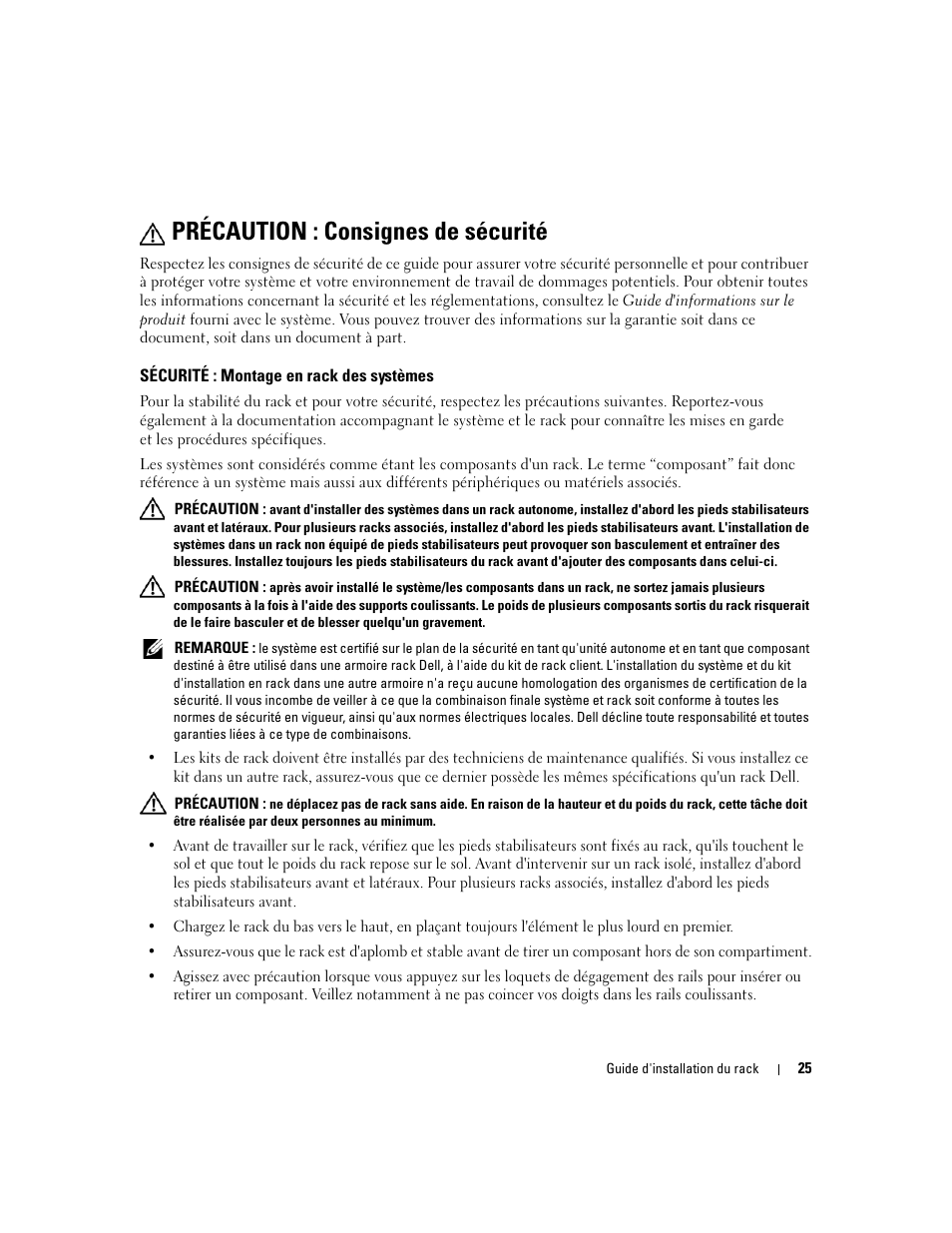 Précaution : consignes de sécurité, Sécurité : montage en rack des systèmes | Dell PowerEdge 2900 User Manual | Page 27 / 110