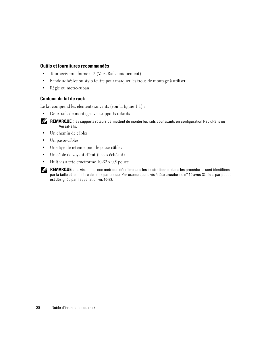Outils et fournitures recommandés, Contenu du kit de rack | Dell PowerEdge 2900 User Manual | Page 30 / 110