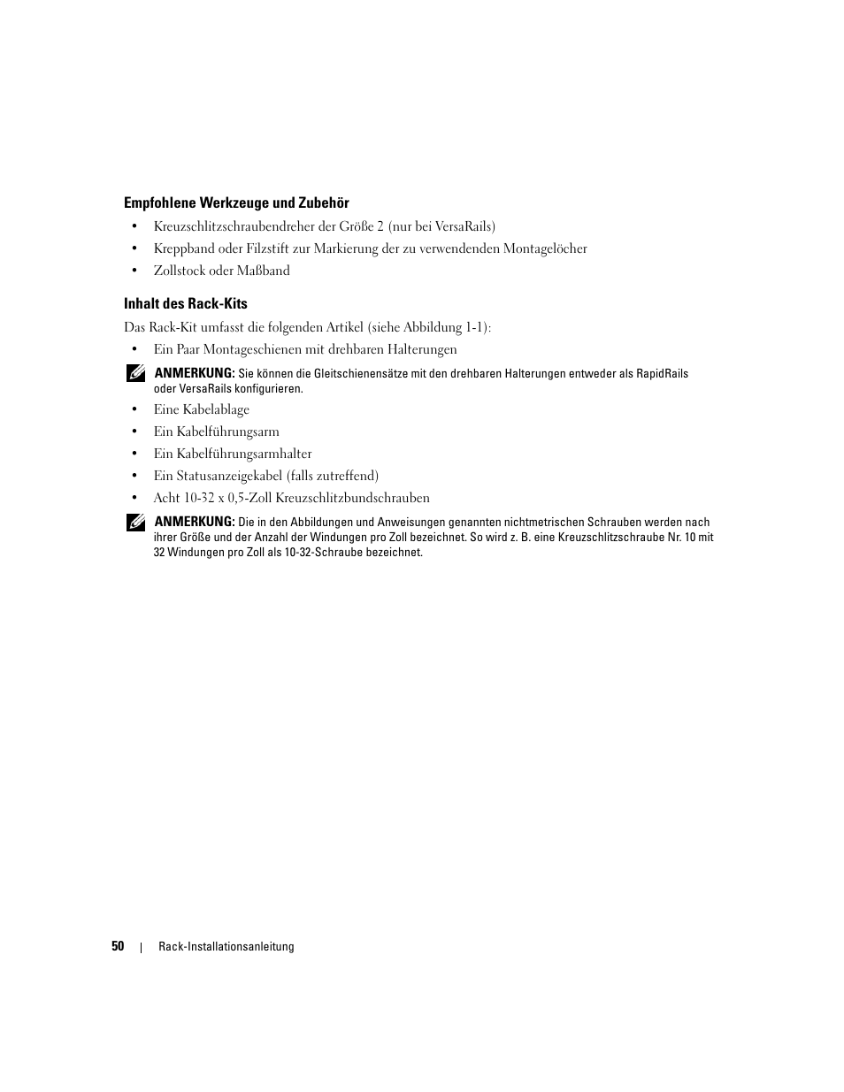 Empfohlene werkzeuge und zubehör, Inhalt des rack-kits | Dell PowerEdge 2900 User Manual | Page 52 / 110