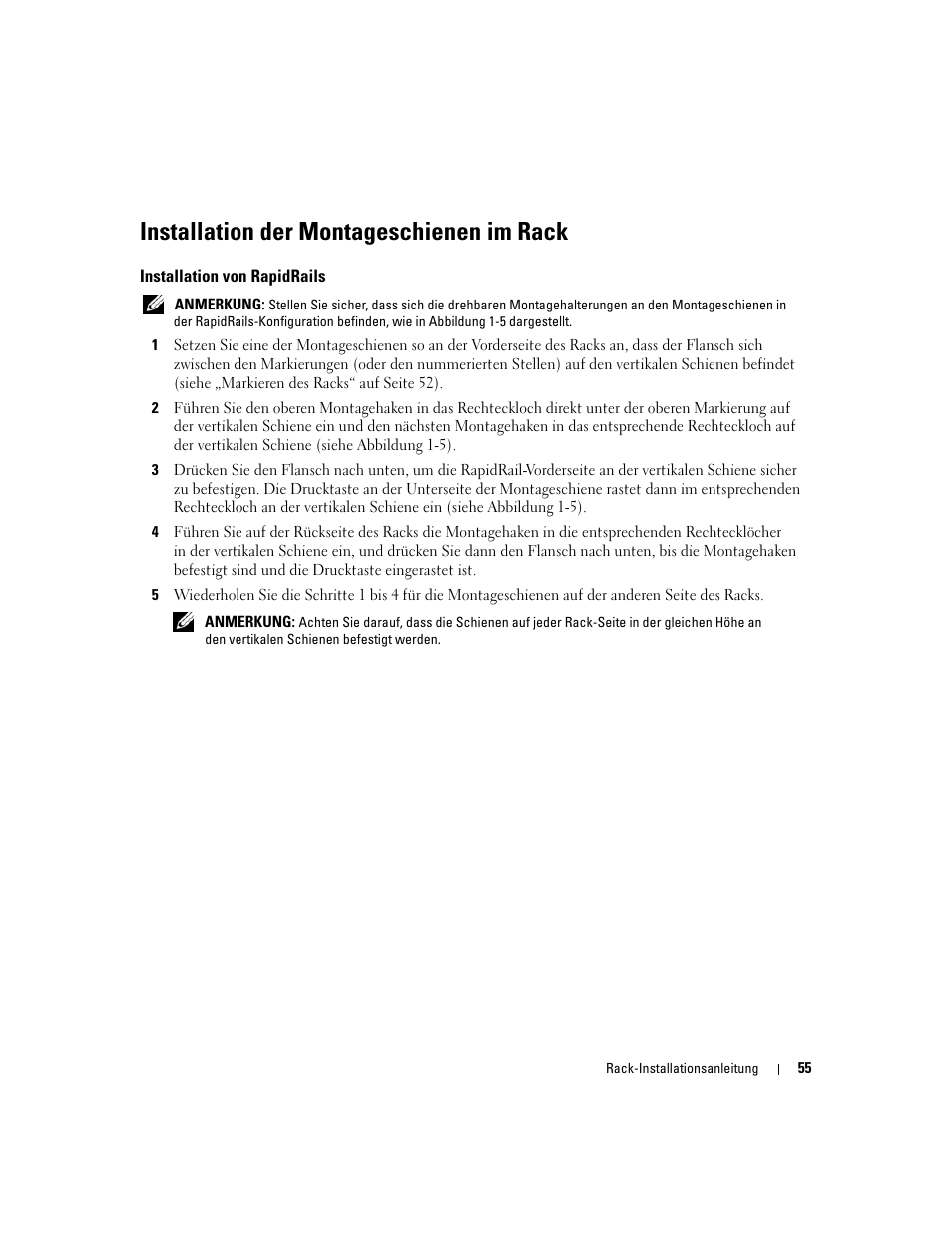 Installation der montageschienen im rack, Installation von rapidrails | Dell PowerEdge 2900 User Manual | Page 57 / 110