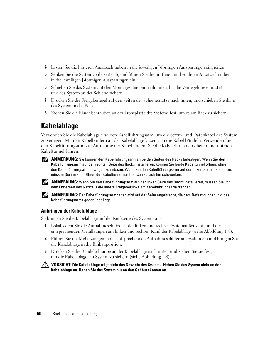 Kabelablage, Anbringen der kabelablage | Dell PowerEdge 2900 User Manual | Page 62 / 110