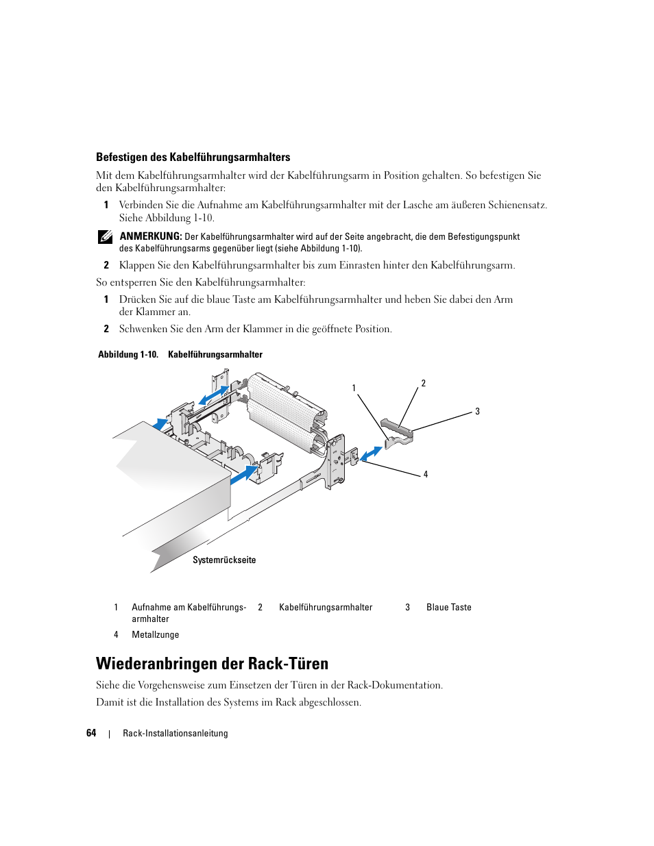 Befestigen des kabelführungsarmhalters, Wiederanbringen der rack-türen | Dell PowerEdge 2900 User Manual | Page 66 / 110