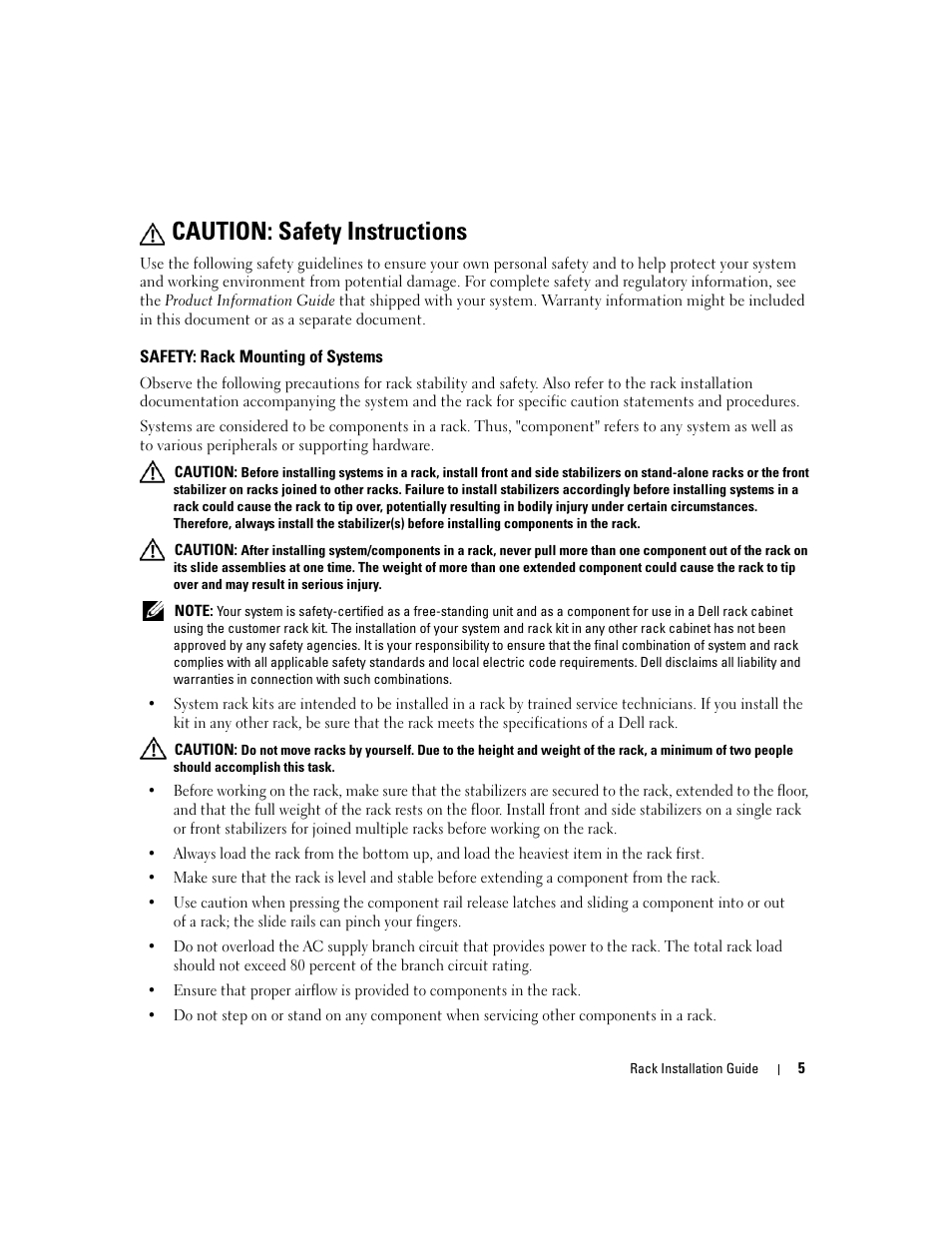 Caution: safety instructions, Safety: rack mounting of systems | Dell PowerEdge 2900 User Manual | Page 7 / 110