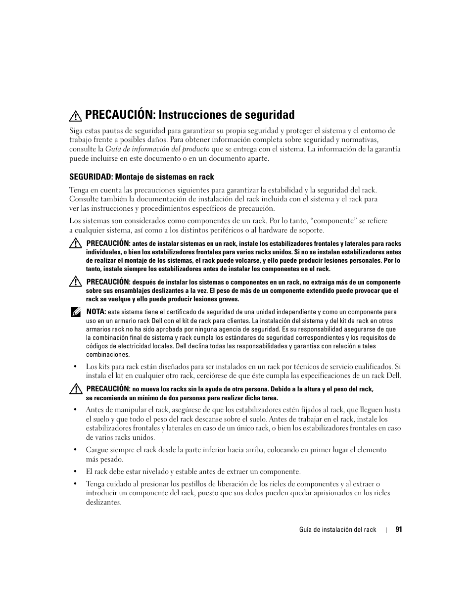 Precaución: instrucciones de seguridad, Seguridad: montaje de sistemas en rack | Dell PowerEdge 2900 User Manual | Page 93 / 110