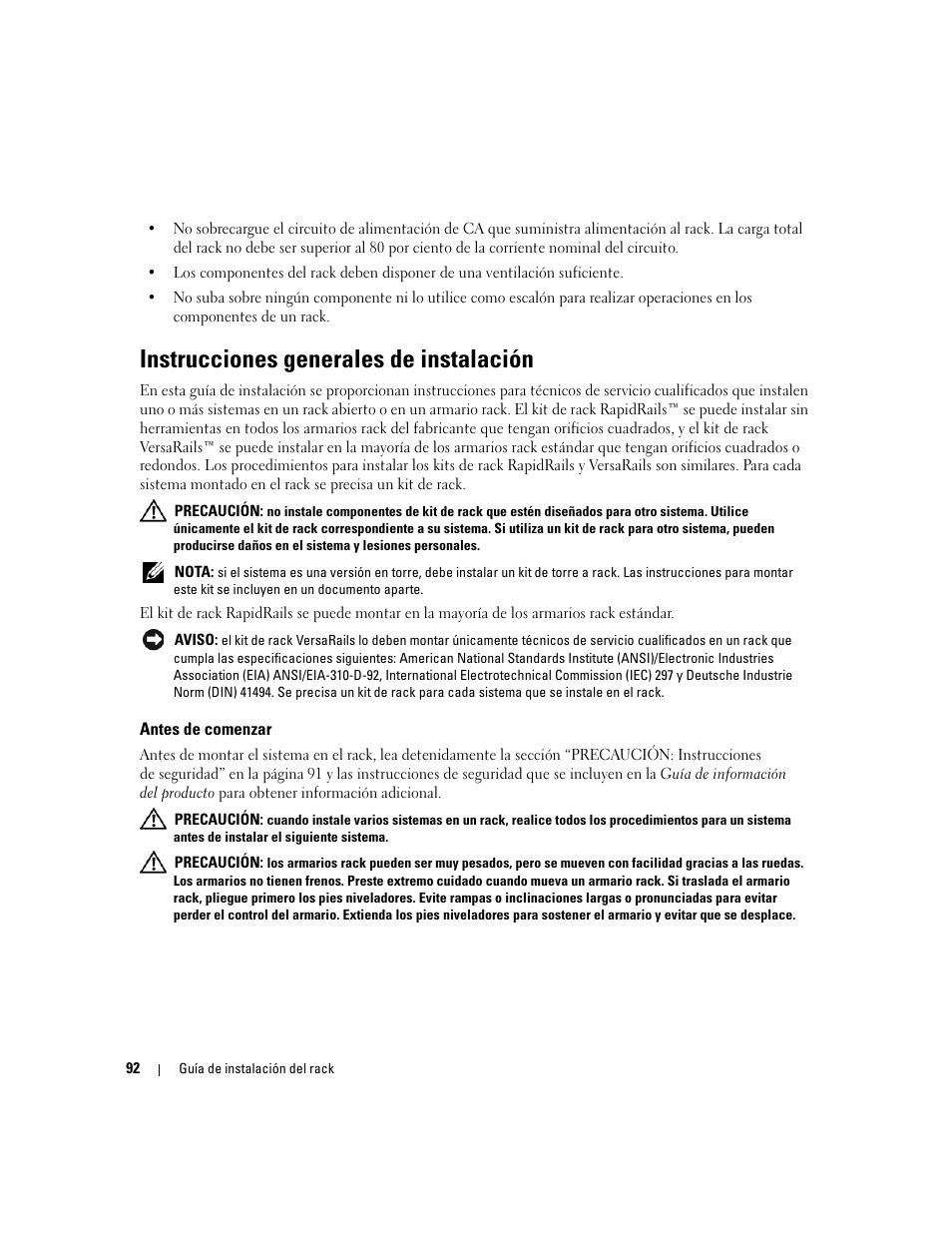 Instrucciones generales de instalación, Antes de comenzar | Dell PowerEdge 2900 User Manual | Page 94 / 110