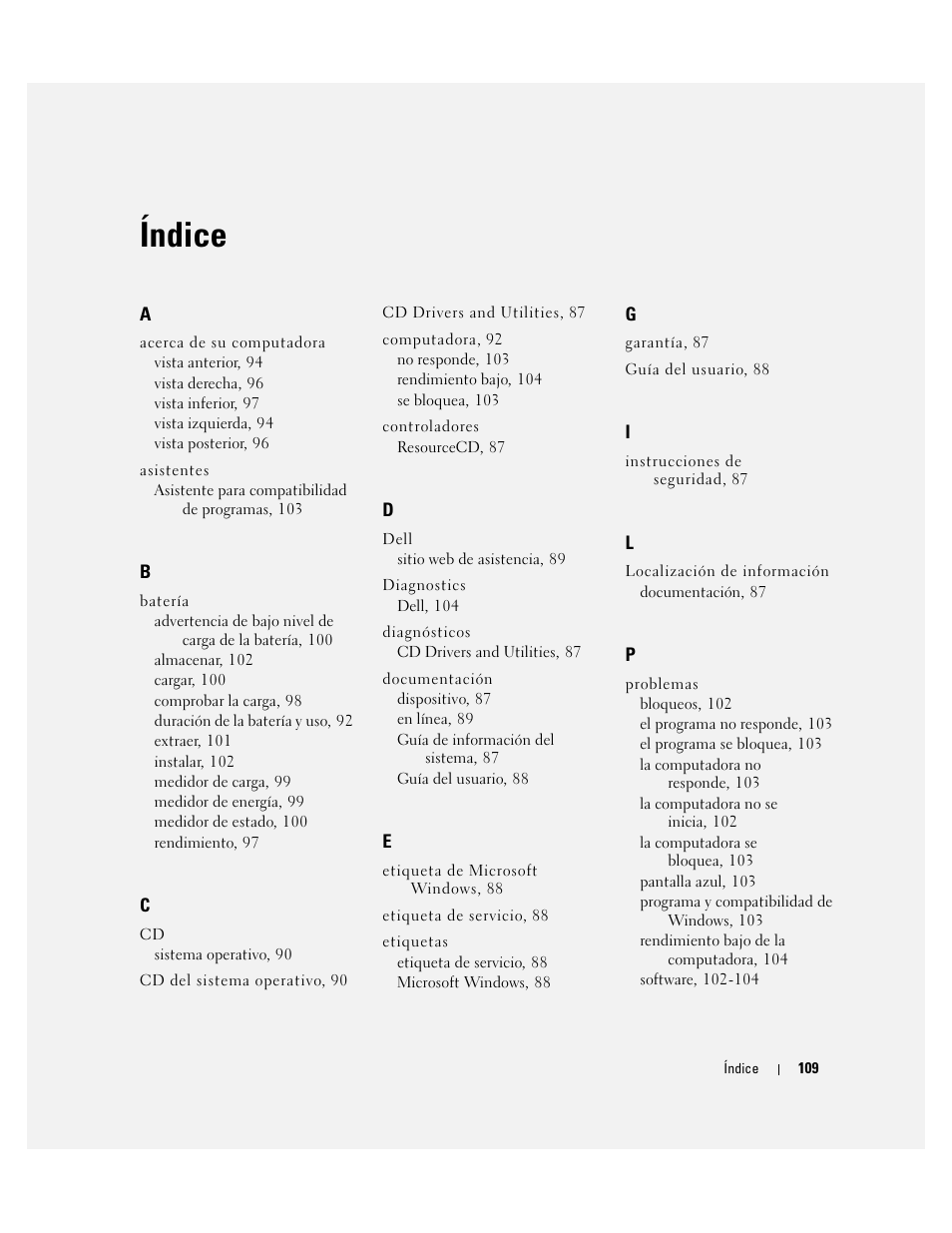 Índice | Dell Latitude D410 User Manual | Page 109 / 110