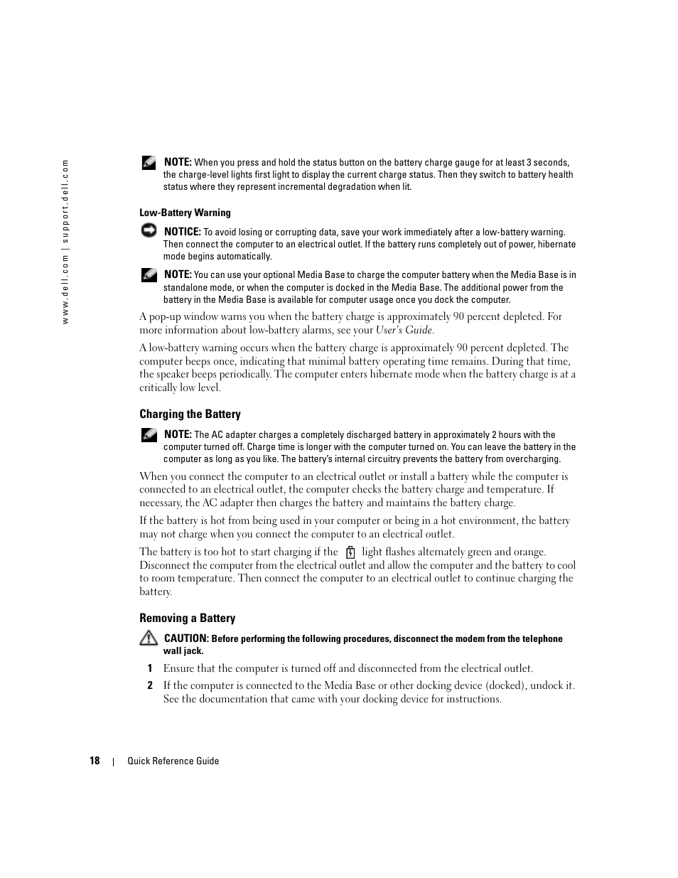 Charging the battery, Removing a battery | Dell Latitude D410 User Manual | Page 18 / 110
