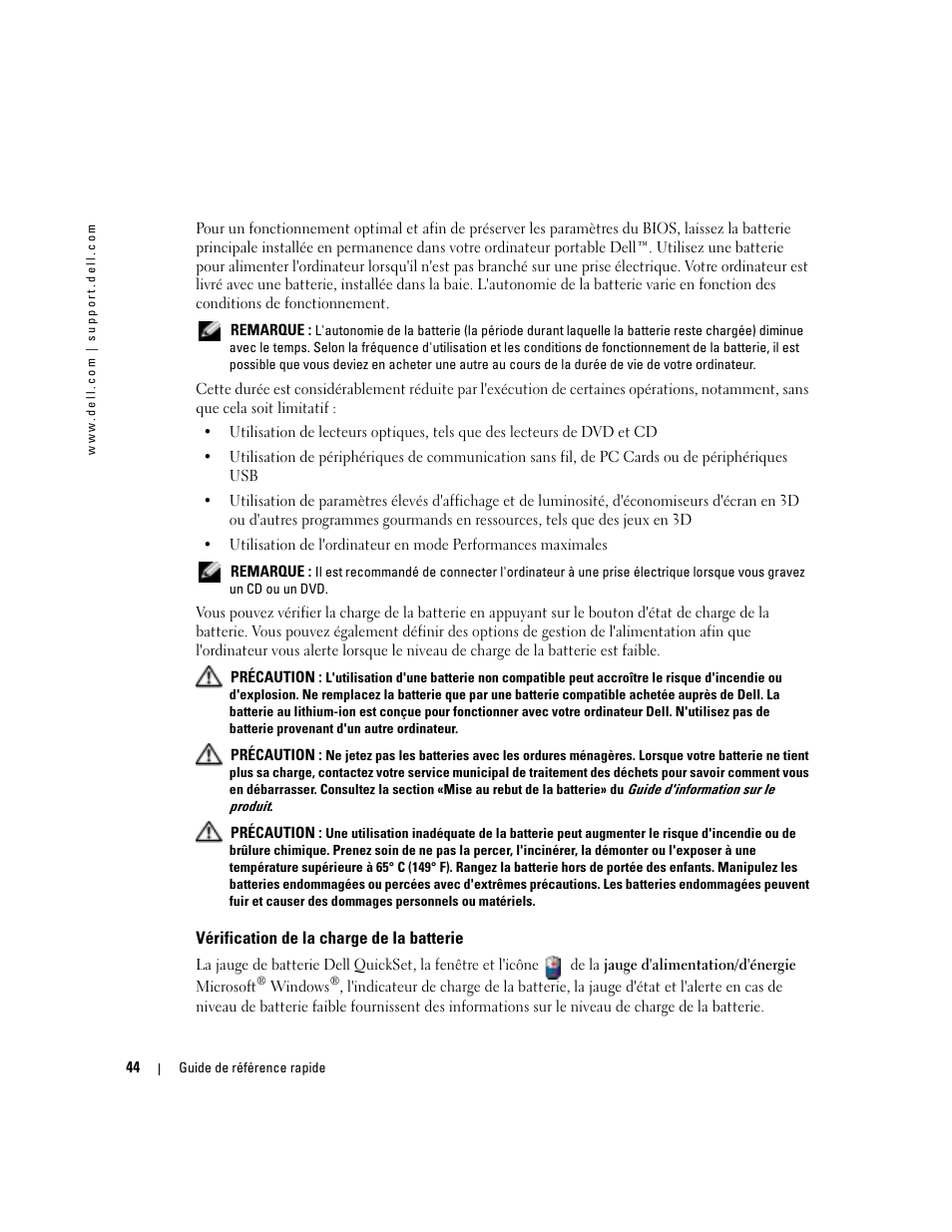 Vérification de la charge de la batterie | Dell Latitude D410 User Manual | Page 44 / 110