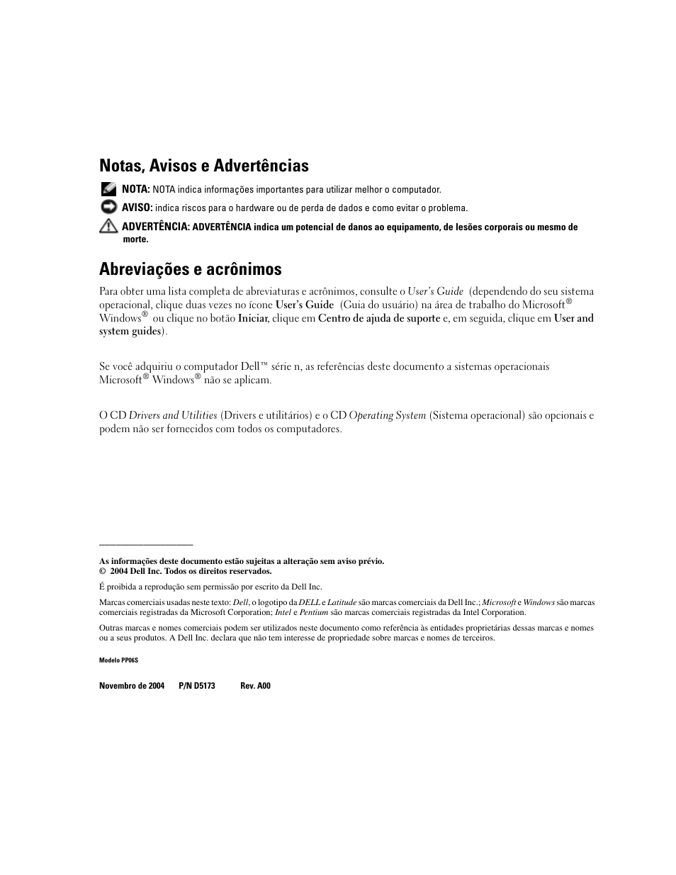 Notas, avisos e advertências, Abreviações e acrônimos | Dell Latitude D410 User Manual | Page 58 / 110