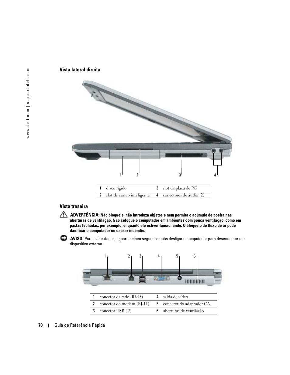 Vista lateral direita, Vista traseira | Dell Latitude D410 User Manual | Page 70 / 110