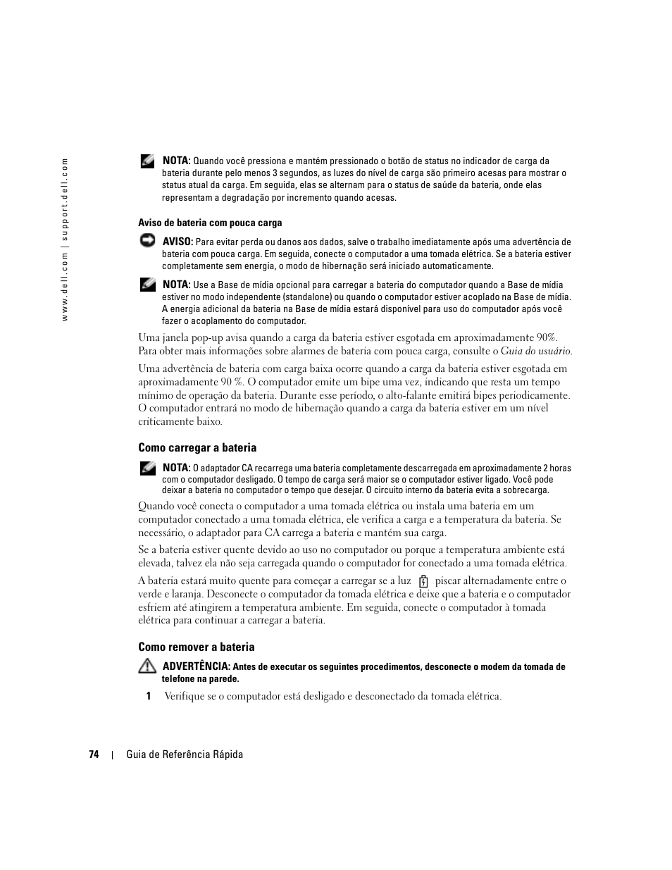 Como carregar a bateria, Como remover a bateria | Dell Latitude D410 User Manual | Page 74 / 110