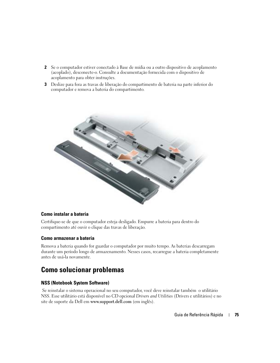 Como instalar a bateria, Como armazenar a bateria, Como solucionar problemas | Nss (notebook system software) | Dell Latitude D410 User Manual | Page 75 / 110