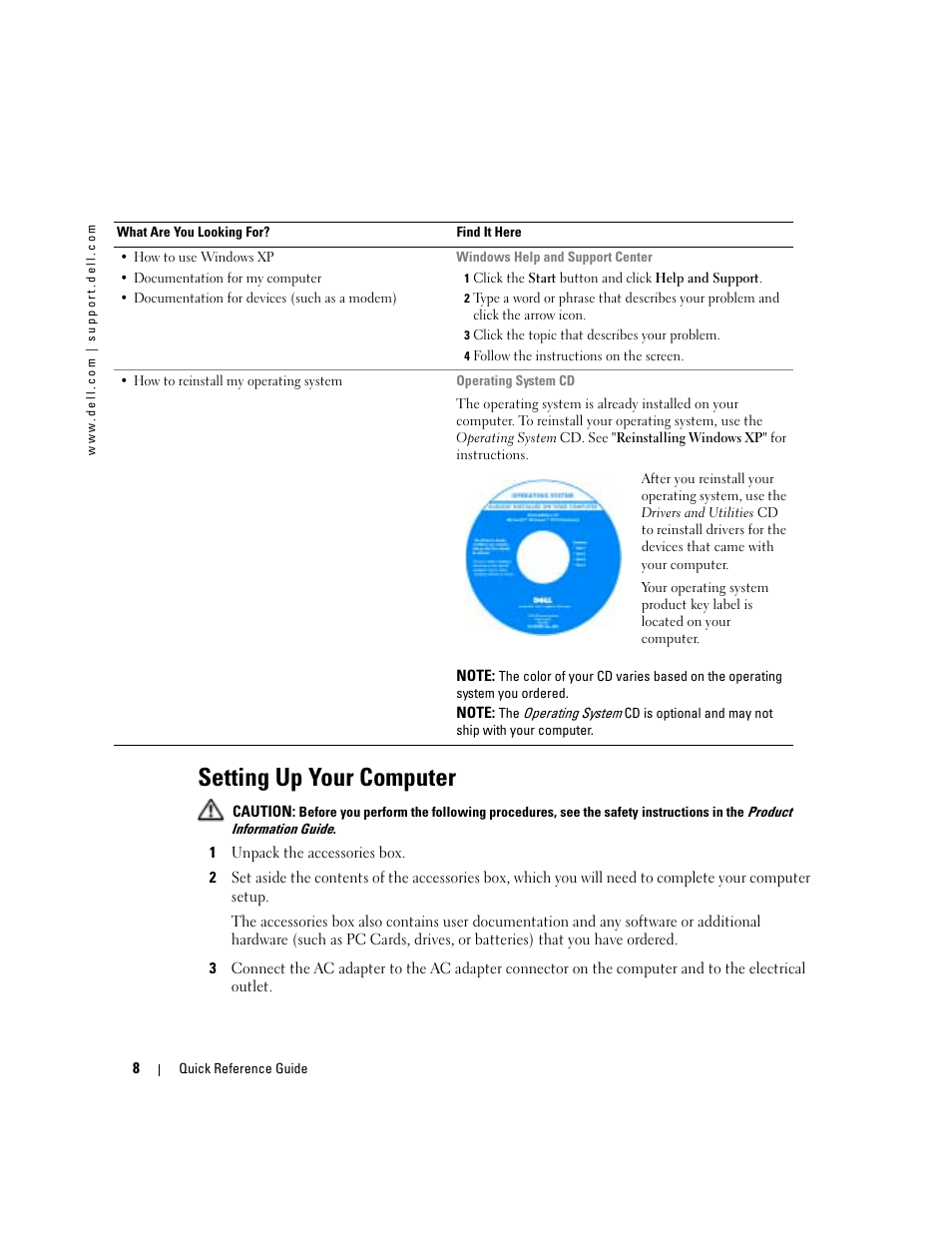 Setting up your computer | Dell Latitude D410 User Manual | Page 8 / 110