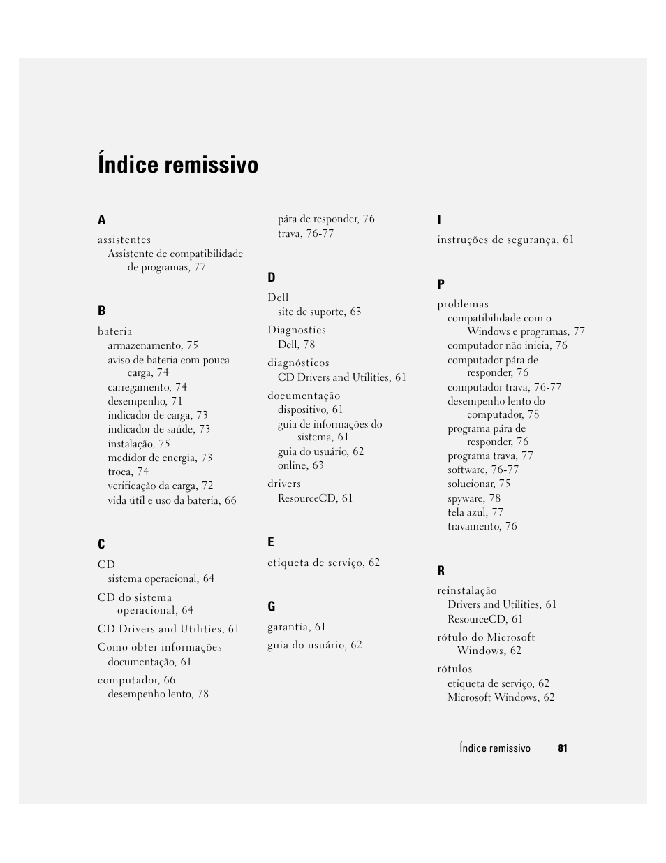 Índice remissivo | Dell Latitude D410 User Manual | Page 81 / 110