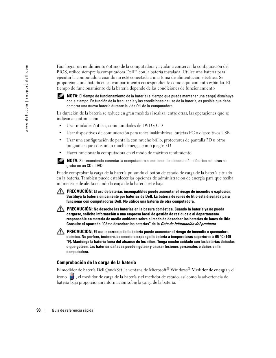 Comprobación de la carga de la batería | Dell Latitude D410 User Manual | Page 98 / 110