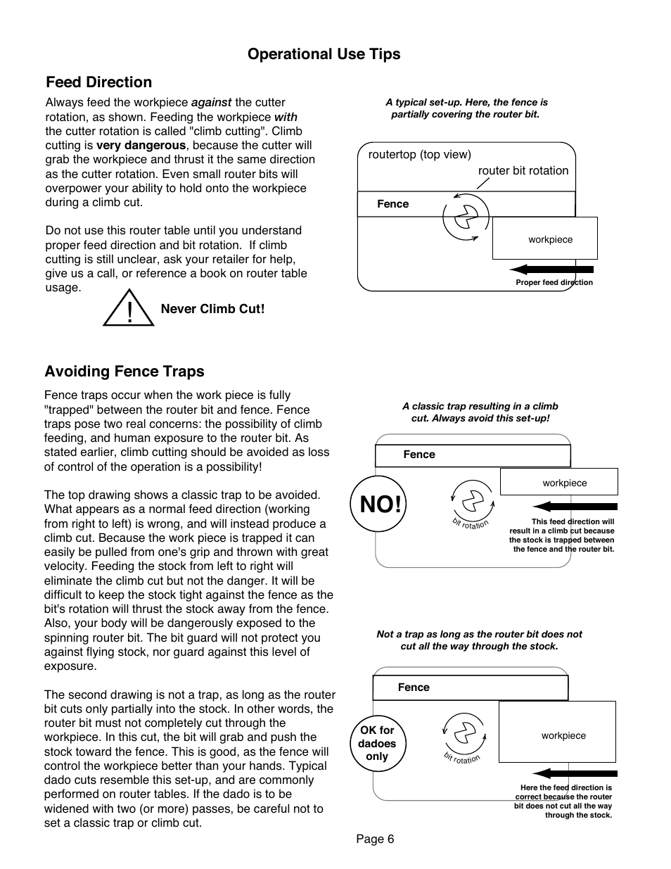 Avoiding fence traps, Feed direction operational use tips | Bench Dog Tools RT400 User Manual | Page 6 / 6