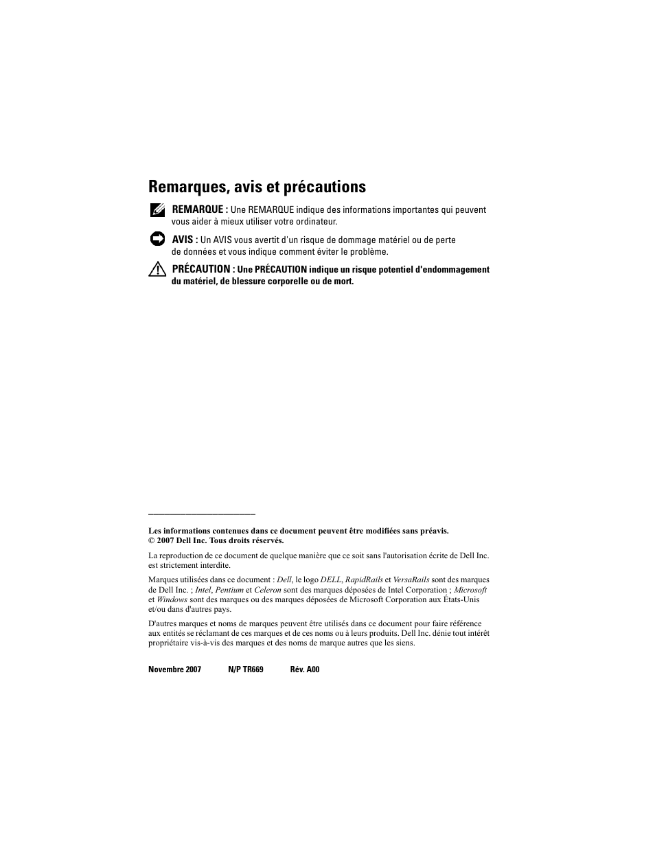 Remarques, avis et précautions | Dell PowerEdge 6850 User Manual | Page 30 / 142