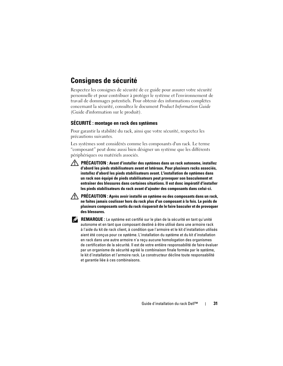 Consignes de sécurité, Sécurité : montage en rack des systèmes | Dell PowerEdge 6850 User Manual | Page 33 / 142