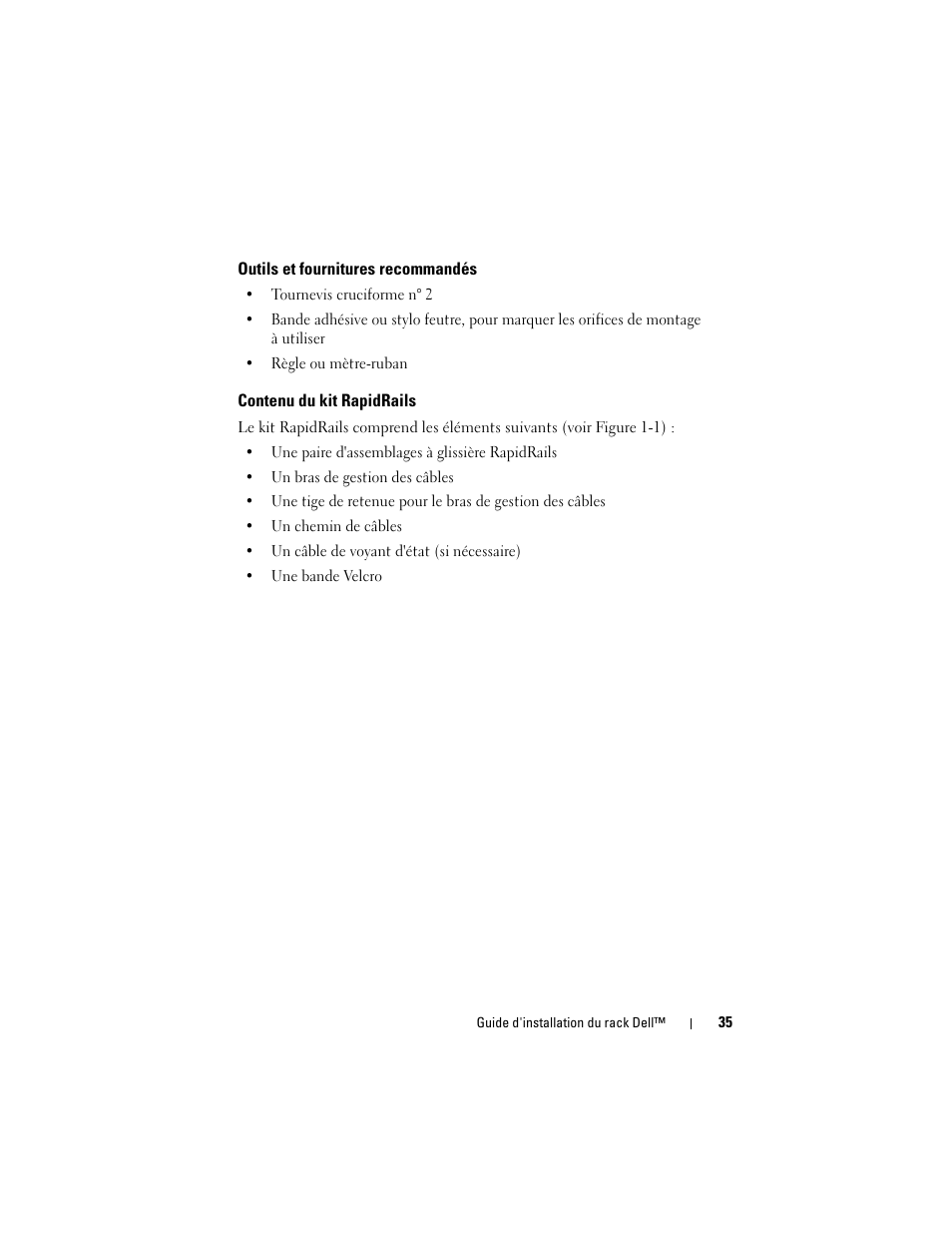 Outils et fournitures recommandés, Contenu du kit rapidrails | Dell PowerEdge 6850 User Manual | Page 37 / 142